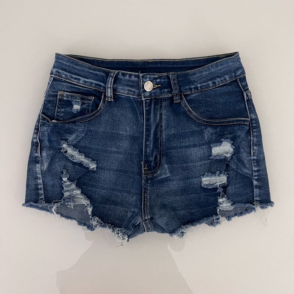 SHEIN Essnce Ripped Raw Trim Denim Shorts in Medium Wash - Picture 1 of 11